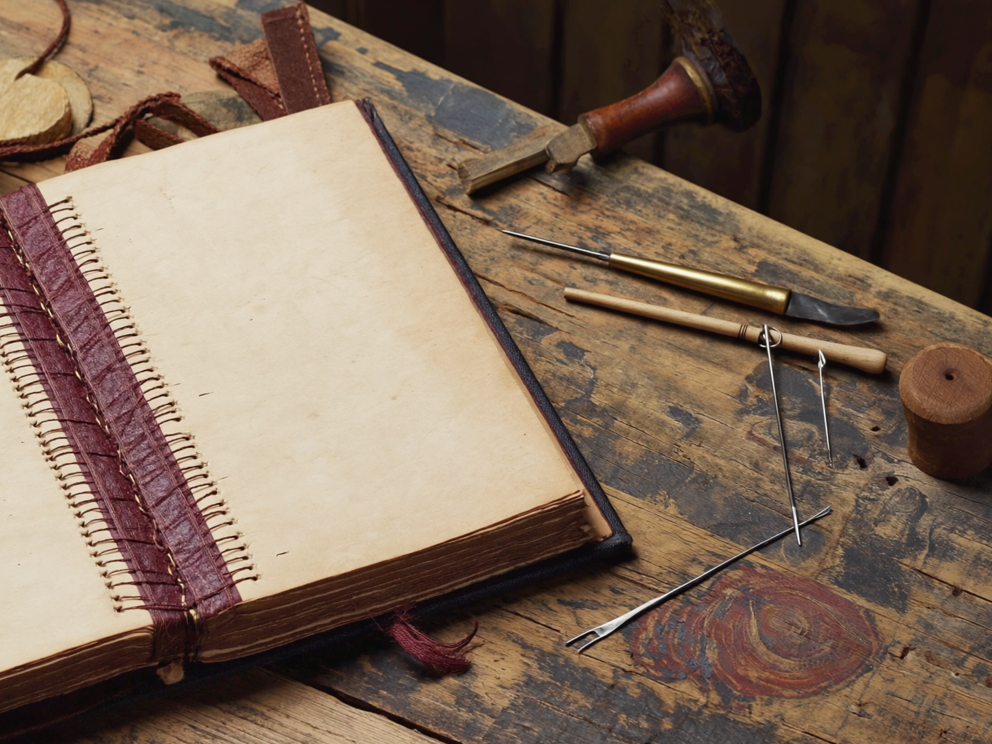 Handgebundenes Buch mit sichtbaren Heftstichen